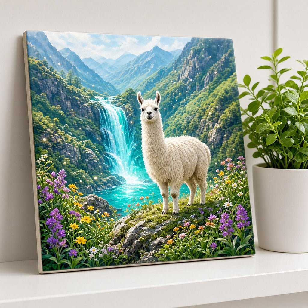 White llama on a mossy ledge beside a turquoise mountain waterfall with purple and yellow wildflowers printed flat on a ceramic tile, made with prompt #100