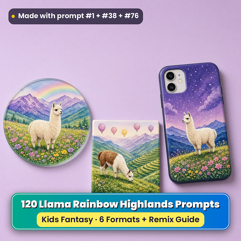 Llama Rainbow Highlands kids' fantasy prompt pack title card with UV-printed coaster, tile and phone case, made with prompt #1 + #38 + #76