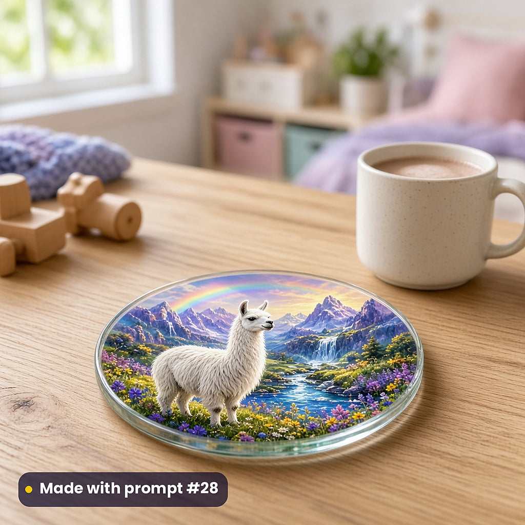 Llama Rainbow Highlands kids' fantasy artwork UV-printed on a glass coaster, made with prompt #28