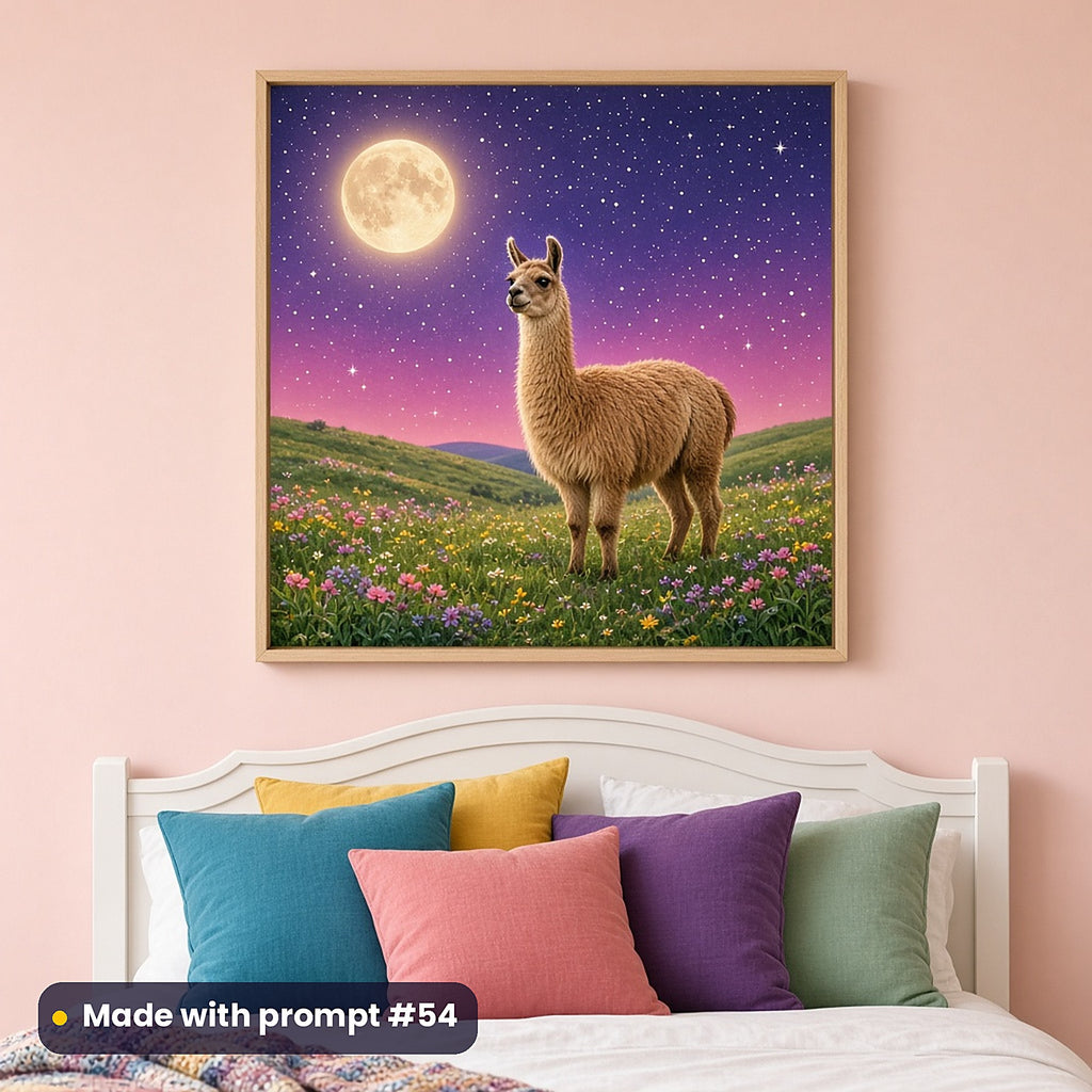 Llama Rainbow Highlands kids' fantasy artwork UV-printed on a framed print, made with prompt #54