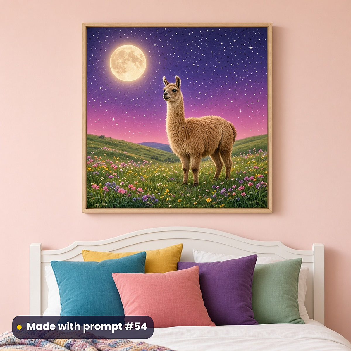 Llama Rainbow Highlands kids' fantasy artwork UV-printed on a framed print, made with prompt #54