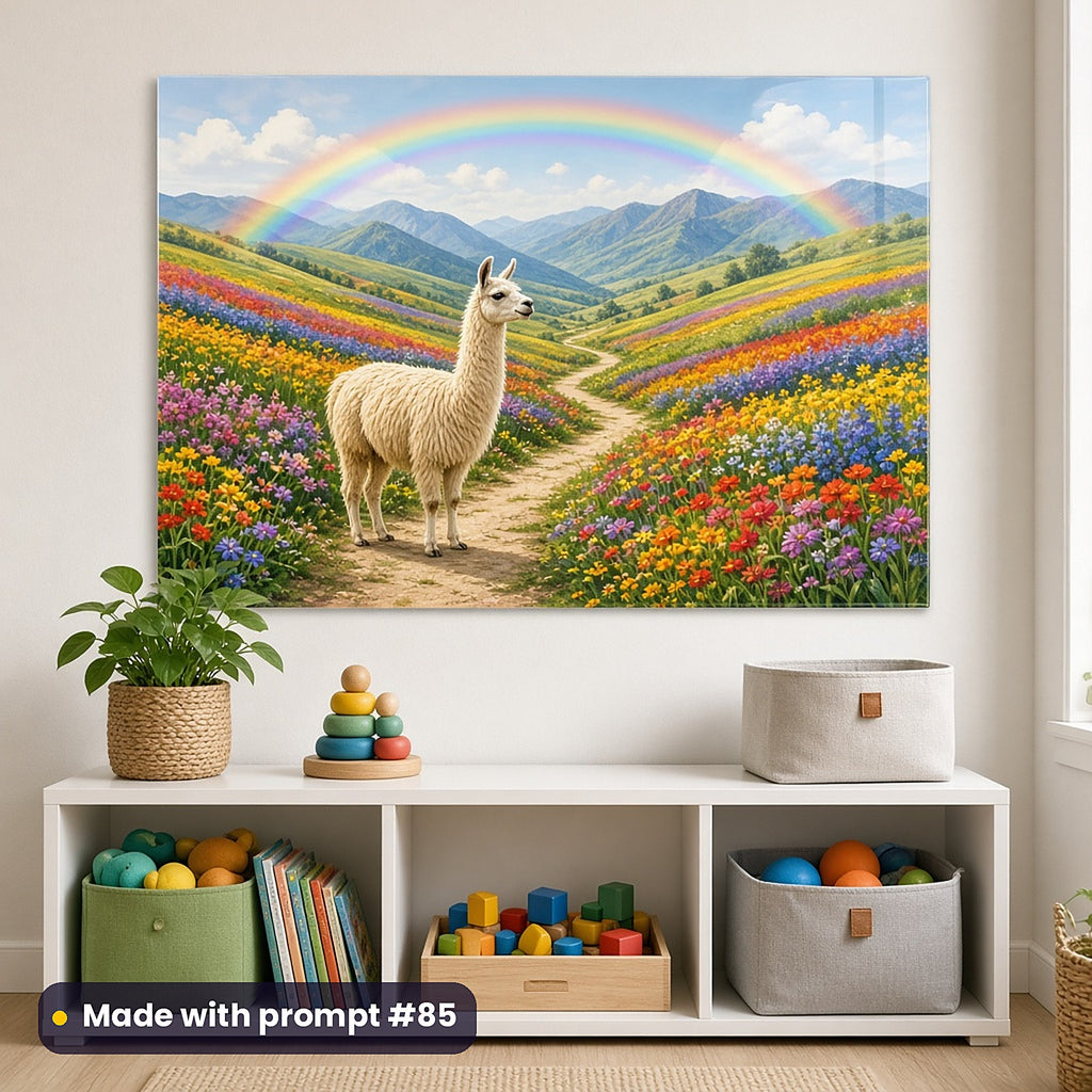 Llama Rainbow Highlands kids' fantasy artwork UV-printed on an acrylic wall panel, made with prompt #85