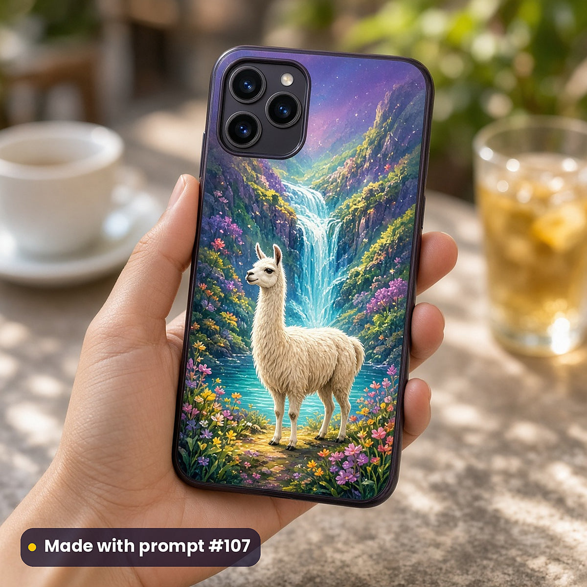 Llama Rainbow Highlands kids' fantasy artwork UV-printed on a phone case, made with prompt #107