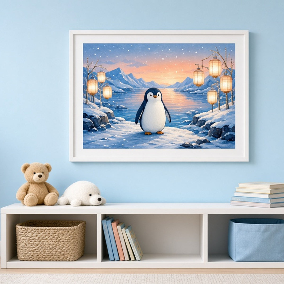 Penguin in a lantern-lit icy bay shown as a flat framed print in a playroom, made with prompt #12