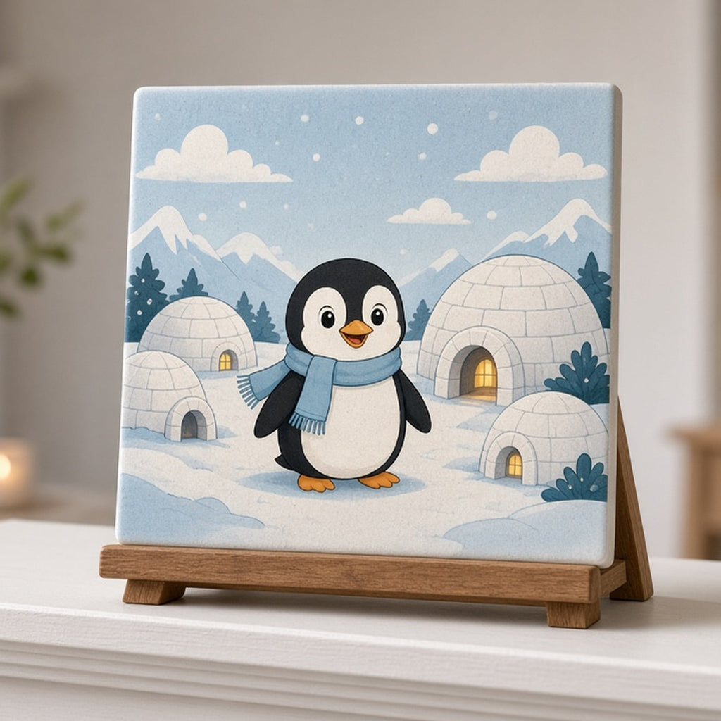 Penguin in a snowy polar village printed flat on a ceramic tile on an easel, made with prompt #56