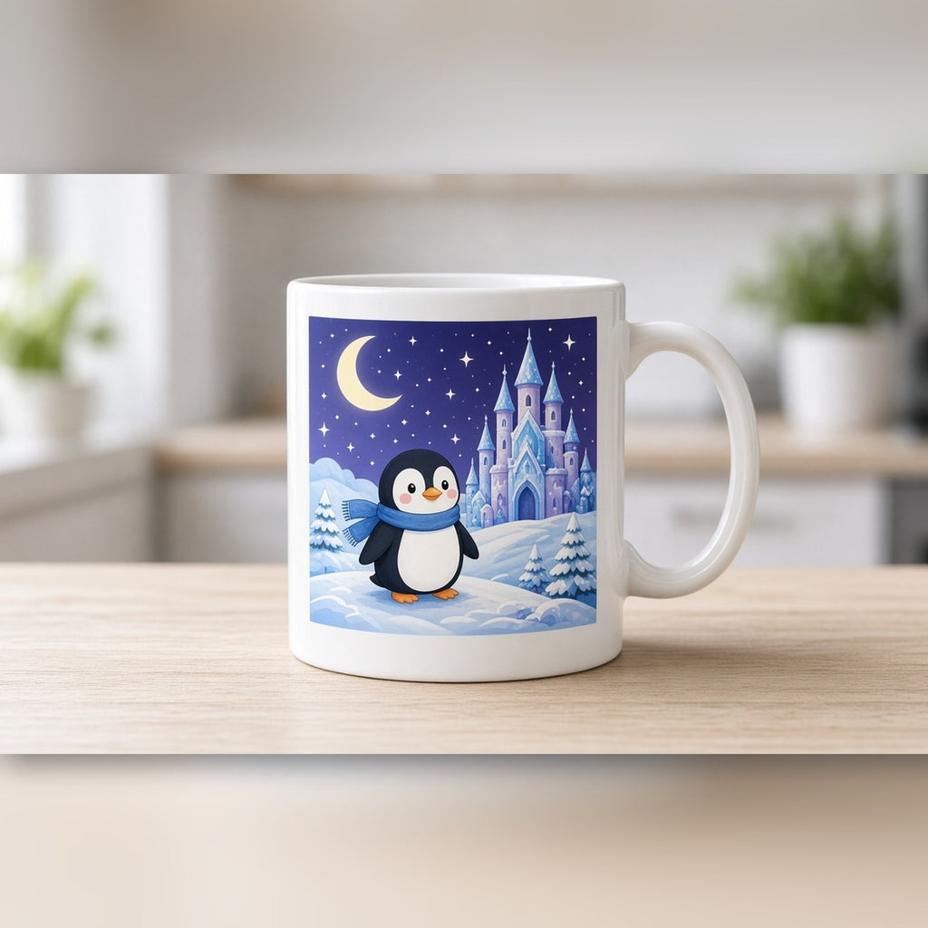 Penguin near a moonlit ice castle printed flat on a white mug, made with prompt #101