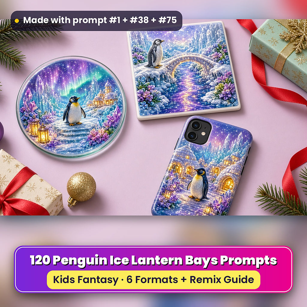 Penguin Ice Lantern Bays kids fantasy prompt pack: UV-printed coaster, tile and phone case set mockup, made with prompt #1 + #38 + #75