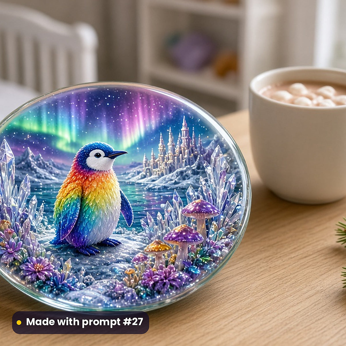 Penguin Ice Lantern Bays kids fantasy prompt pack: UV-printed glass coaster mockup, made with prompt #27