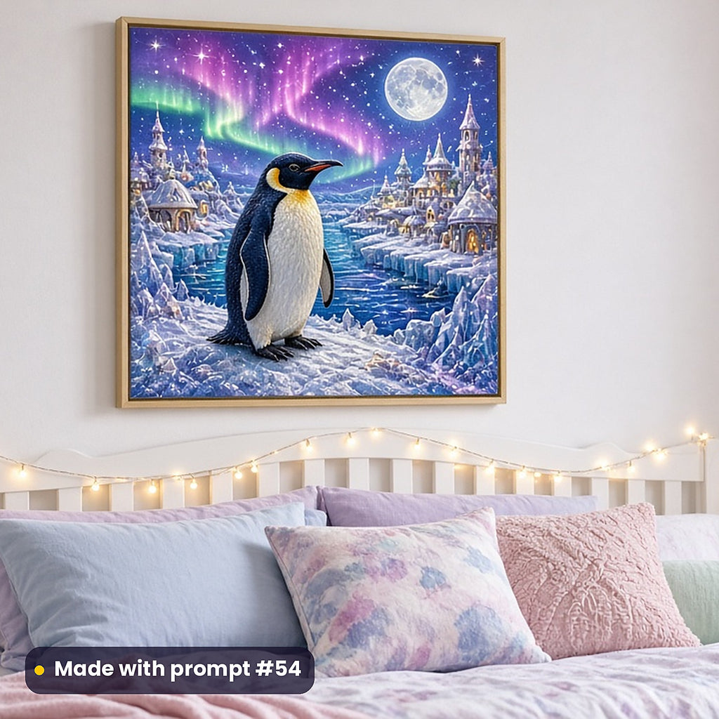 Penguin Ice Lantern Bays kids fantasy prompt pack: framed nursery print mockup, made with prompt #54