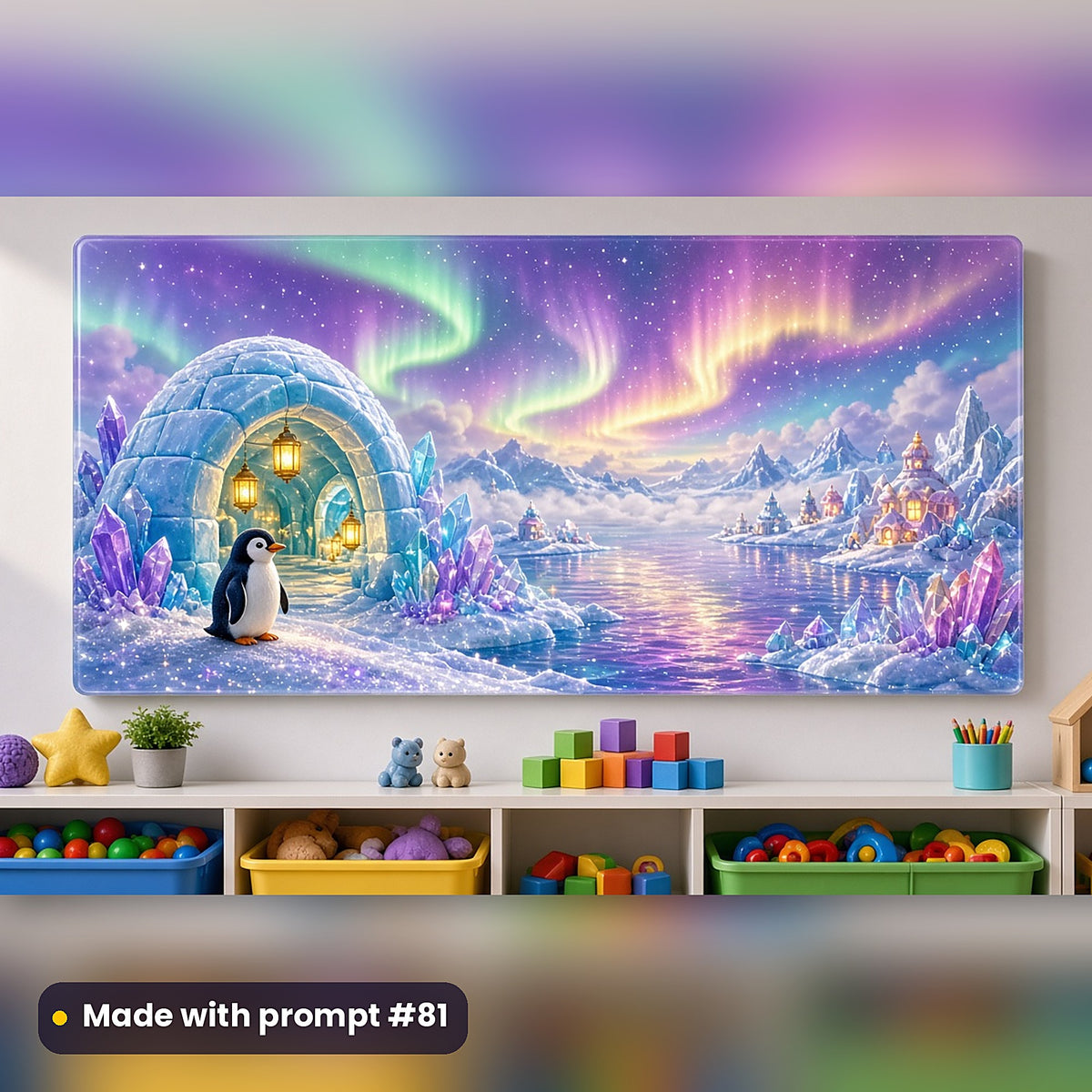 Penguin Ice Lantern Bays kids fantasy prompt pack: acrylic wall panel above a toy shelf mockup, made with prompt #81