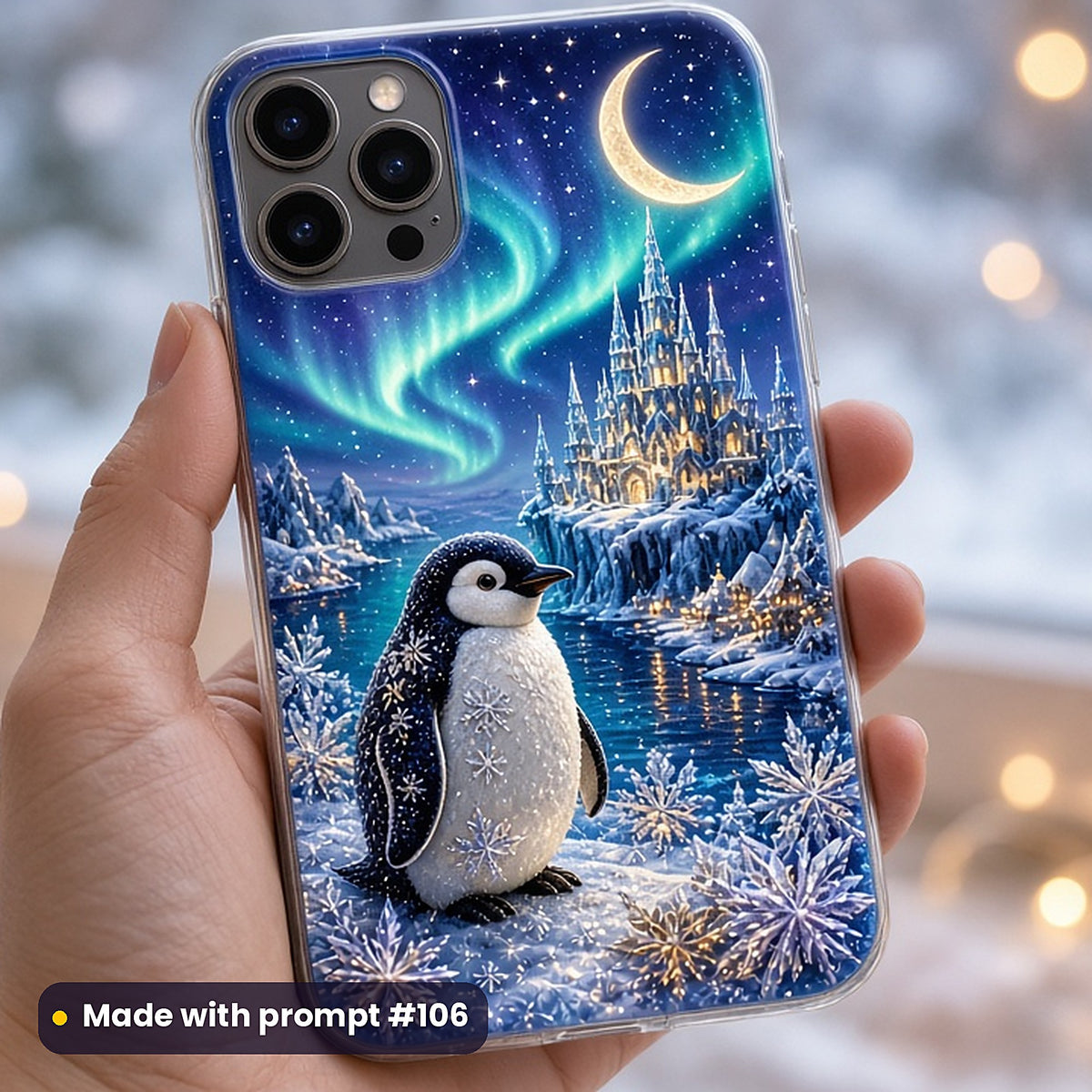 Penguin Ice Lantern Bays kids fantasy prompt pack: UV-printed phone case mockup, made with prompt #106