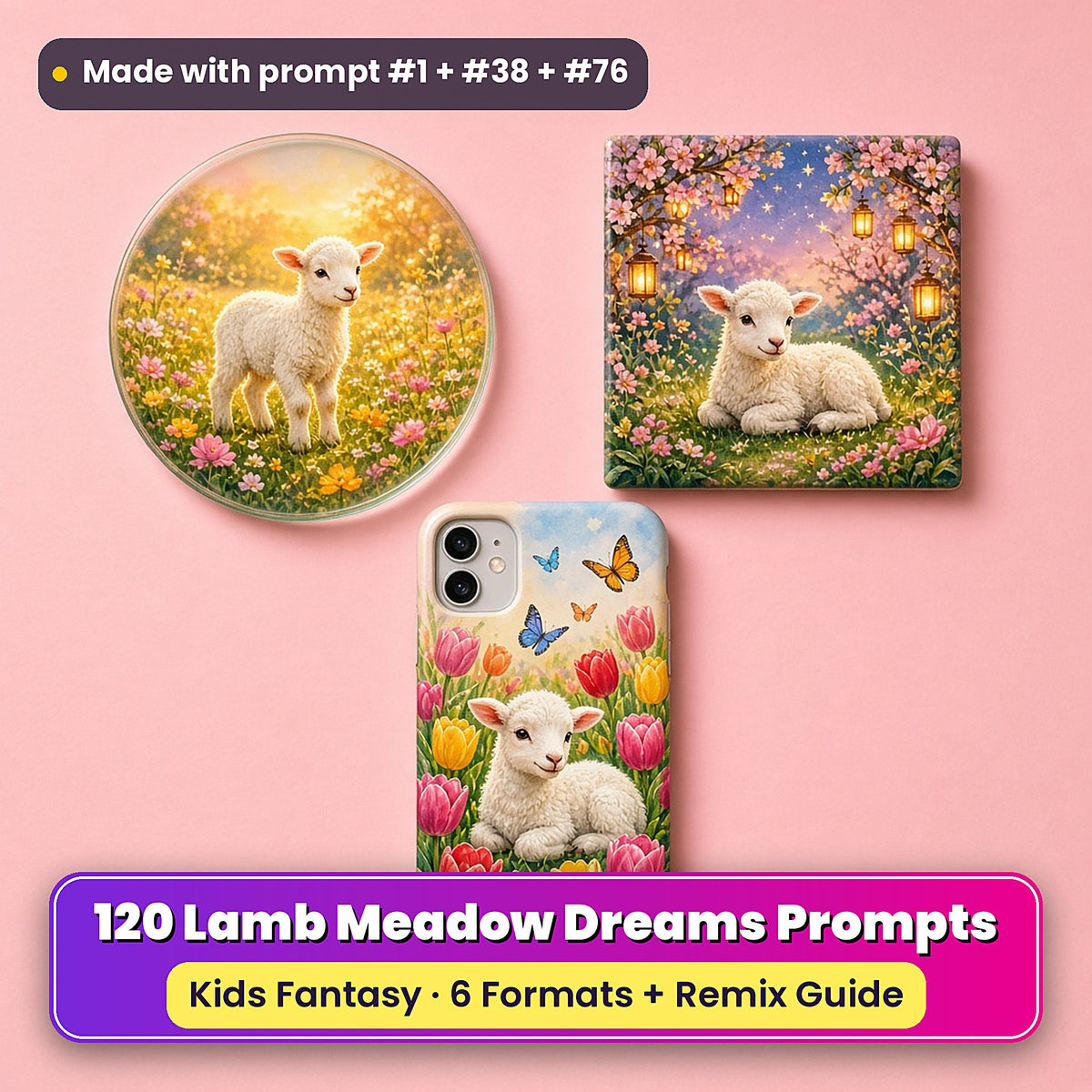 Lamb Meadow Dreams kids' fantasy prompt pack title card with UV-printed coaster, tile and phone case, made with prompt #1 + #38 + #76
