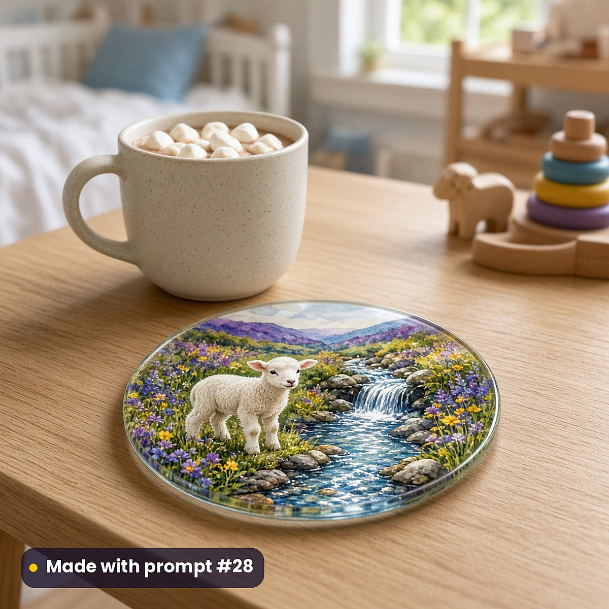 Lamb Meadow Dreams kids' fantasy artwork UV-printed on a glass coaster, made with prompt #28
