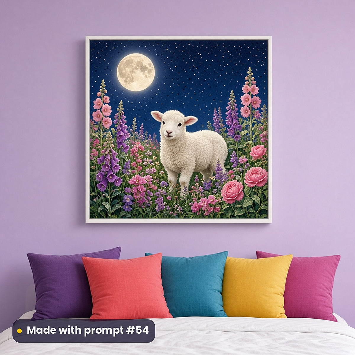 Lamb Meadow Dreams kids' fantasy artwork UV-printed on a framed print, made with prompt #54