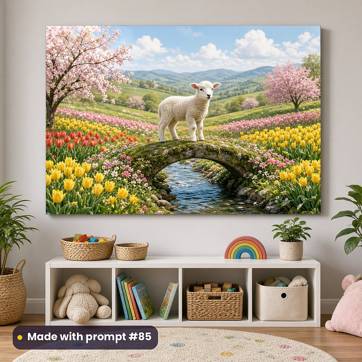 Lamb Meadow Dreams kids' fantasy artwork UV-printed on an acrylic wall panel, made with prompt #85