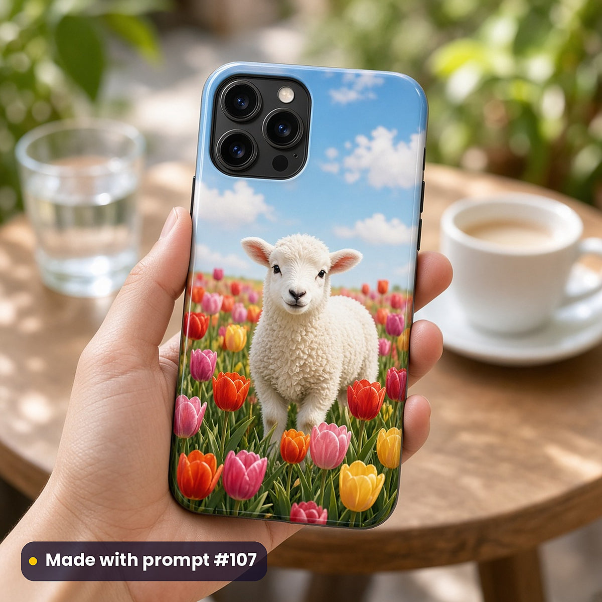 Lamb Meadow Dreams kids' fantasy artwork UV-printed on a phone case, made with prompt #107