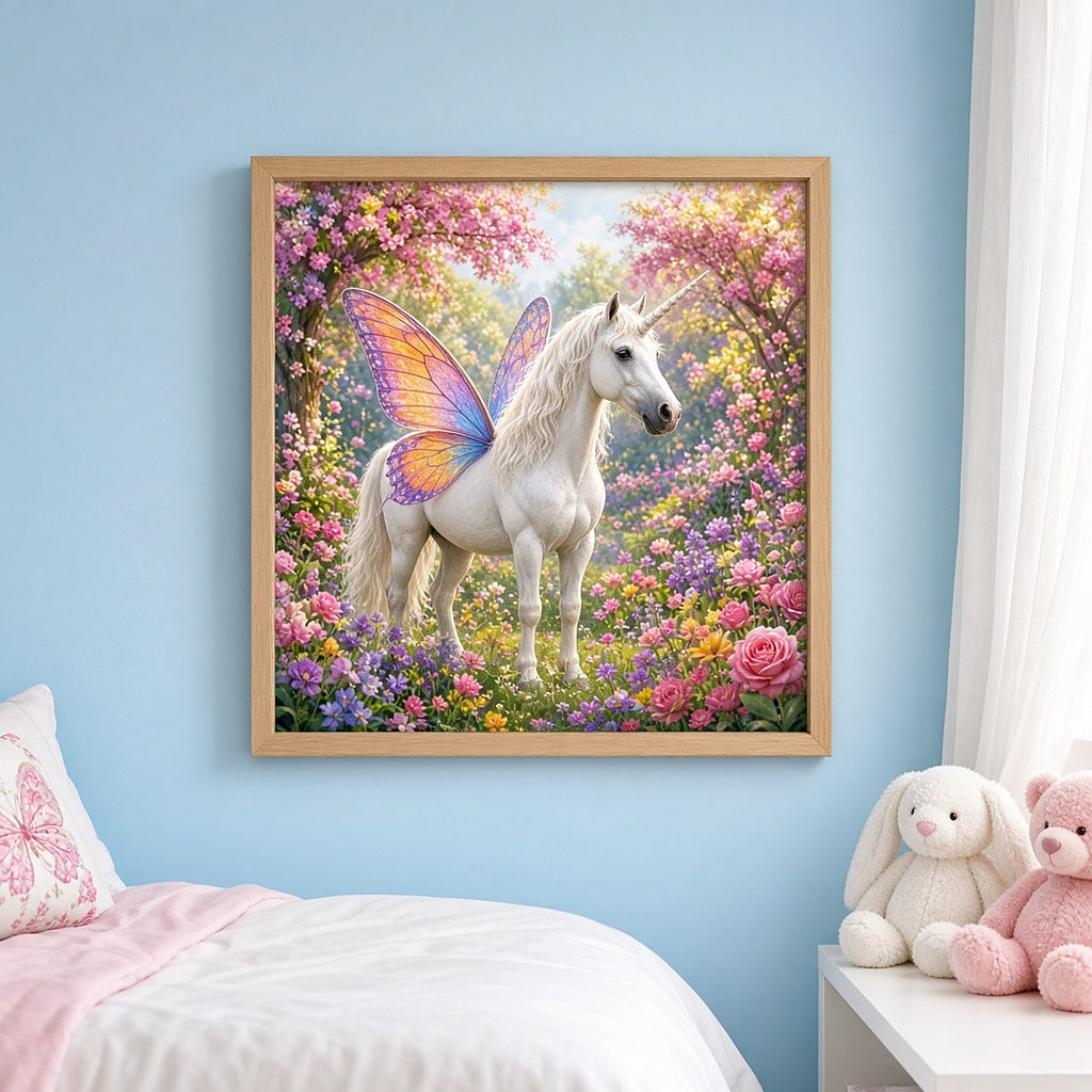 White unicorn with rainbow butterfly wings standing in a garden of pink blossom trees, roses and purple flowers printed flat on a framed print in a child's bedroom, made with prompt #11