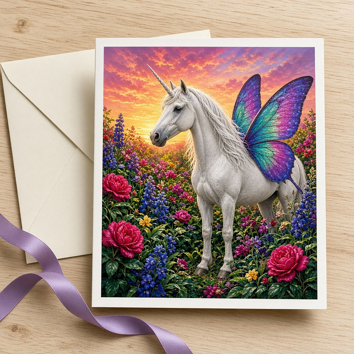 White unicorn with turquoise and purple butterfly wings among crimson roses and blue delphiniums under a sunset sky printed flat on a greeting card, made with prompt #55