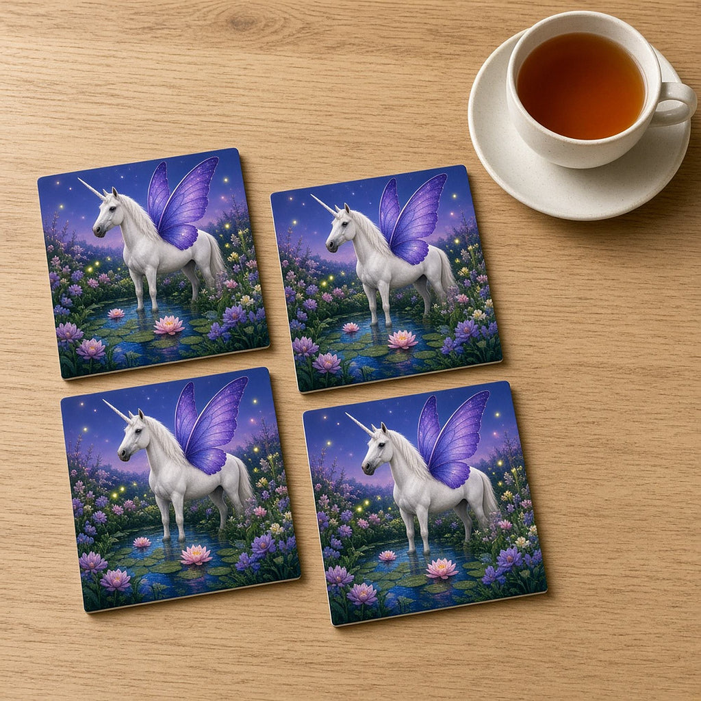 White unicorn with violet butterfly wings standing in a lily pond in a twilight garden with fireflies printed flat on coasters, made with prompt #100