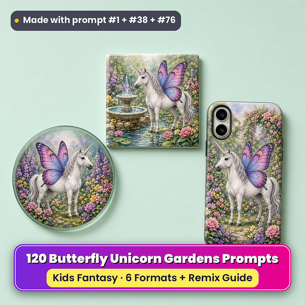 Butterfly Unicorn Gardens kids' fantasy prompt pack title card with UV-printed coaster, tile and phone case, made with prompt #1 + #38 + #76