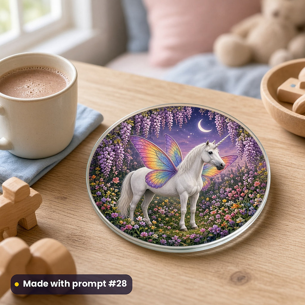 Butterfly Unicorn Gardens kids' fantasy artwork UV-printed on a glass coaster, made with prompt #28