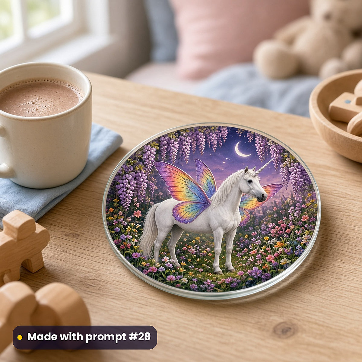 Butterfly Unicorn Gardens kids' fantasy artwork UV-printed on a glass coaster, made with prompt #28