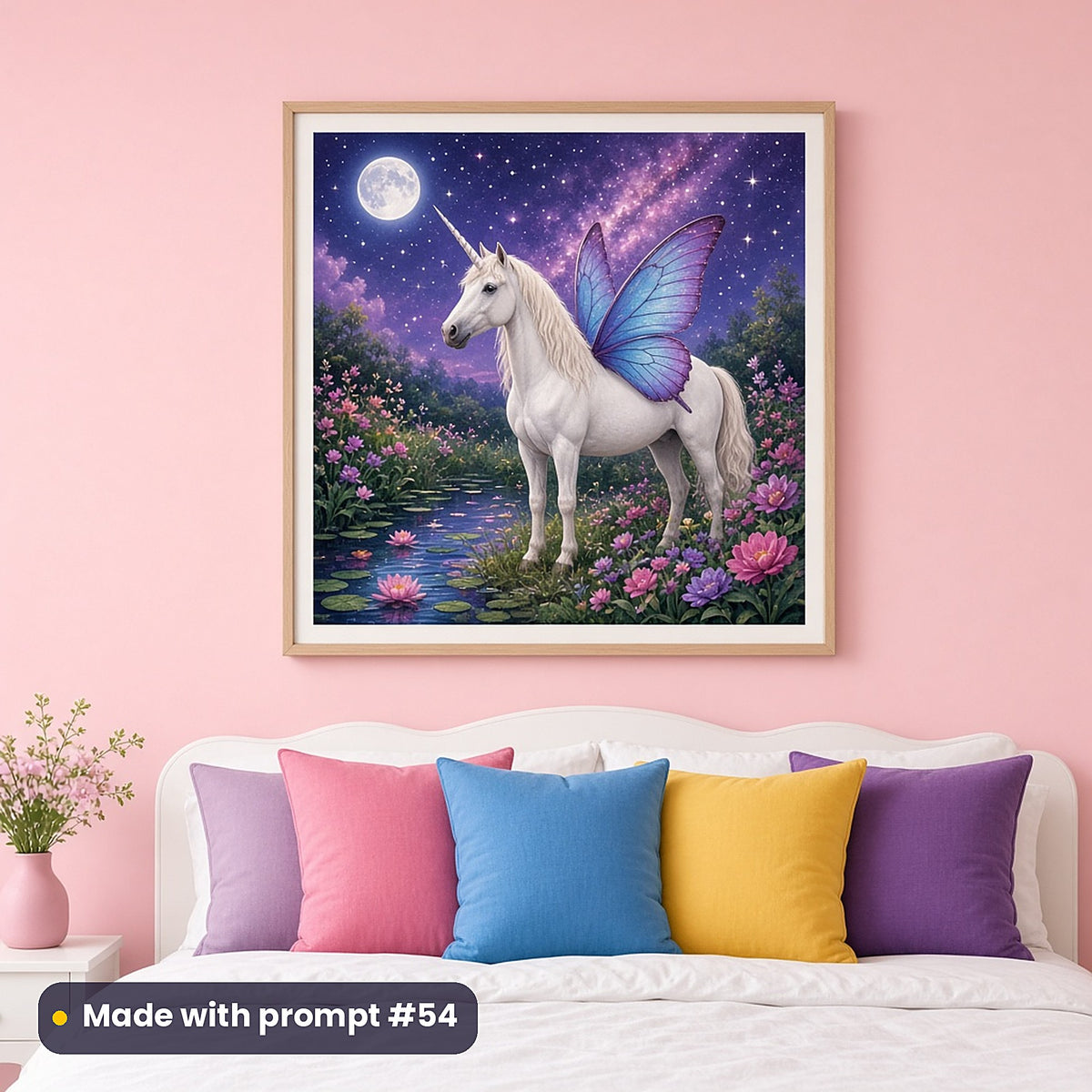 Butterfly Unicorn Gardens kids' fantasy artwork UV-printed on a framed print, made with prompt #54