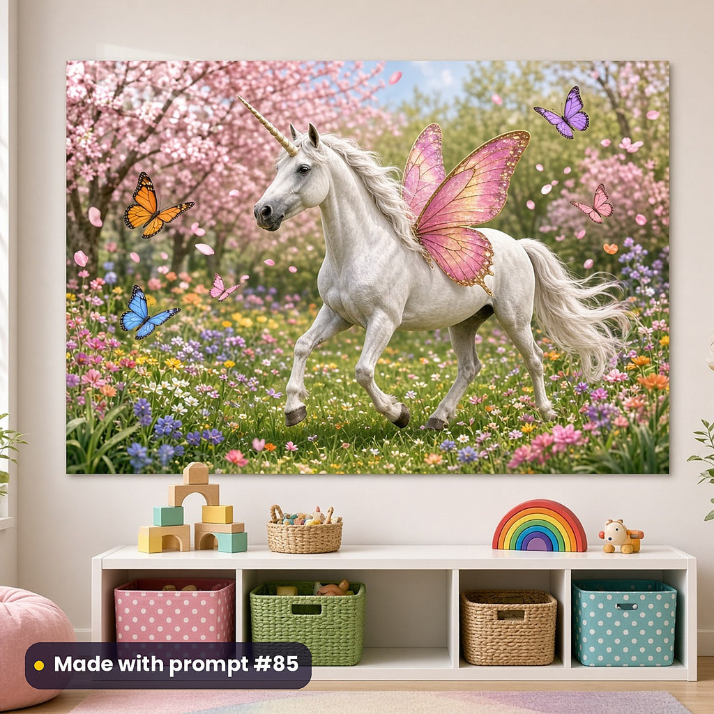 Butterfly Unicorn Gardens kids' fantasy artwork UV-printed on an acrylic wall panel, made with prompt #85
