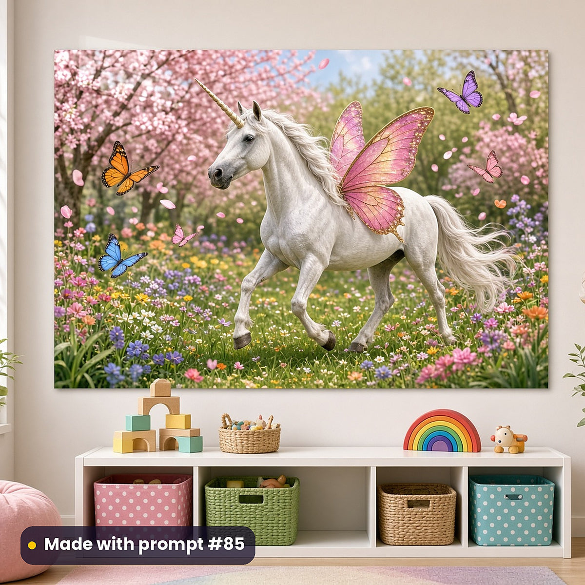 Butterfly Unicorn Gardens kids' fantasy artwork UV-printed on an acrylic wall panel, made with prompt #85