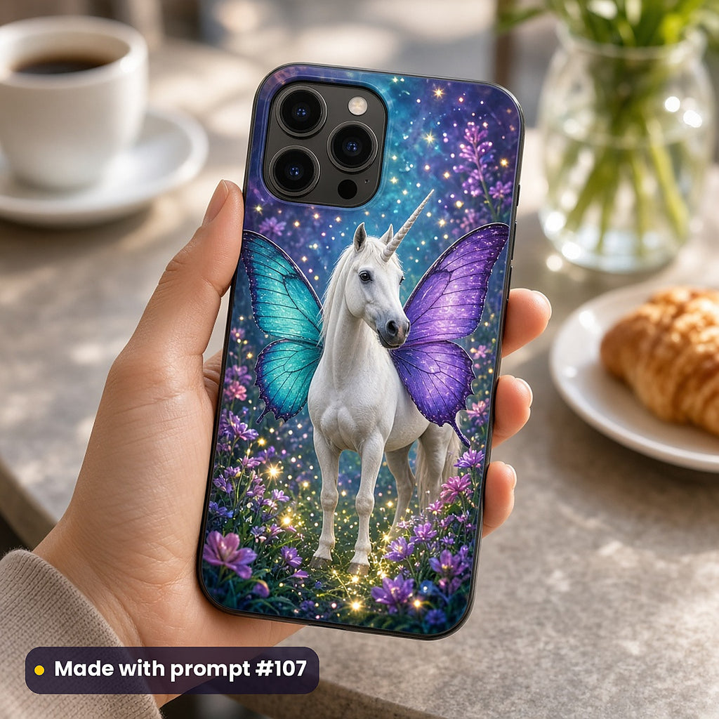 Butterfly Unicorn Gardens kids' fantasy artwork UV-printed on a phone case, made with prompt #107