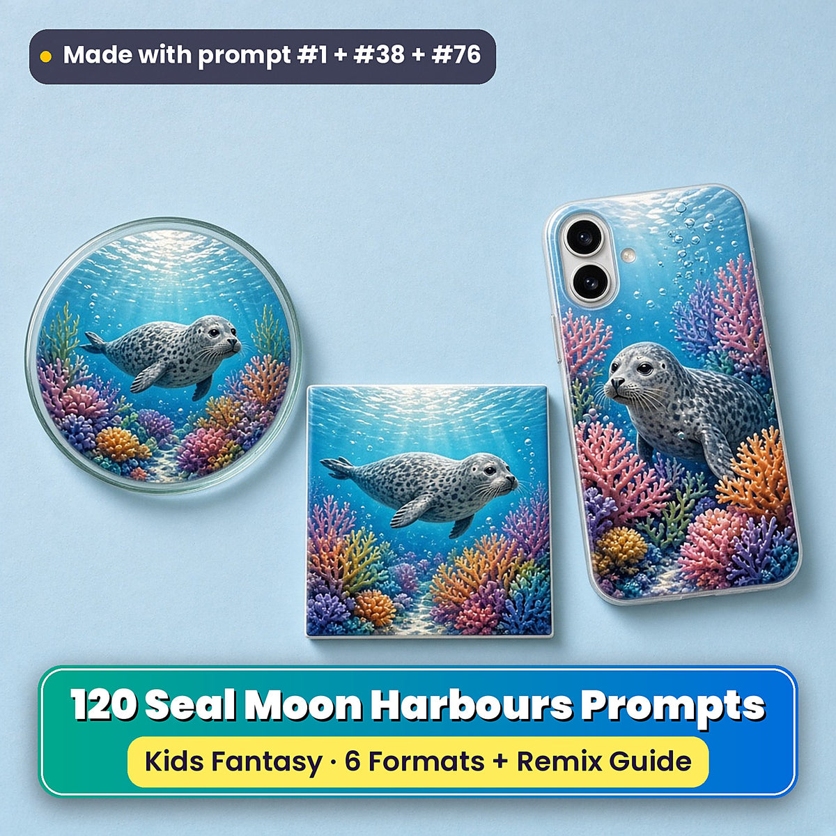 Seal Moon Harbours kids' fantasy prompt pack title card with UV-printed coaster, tile and phone case, made with prompt #1 + #38 + #76