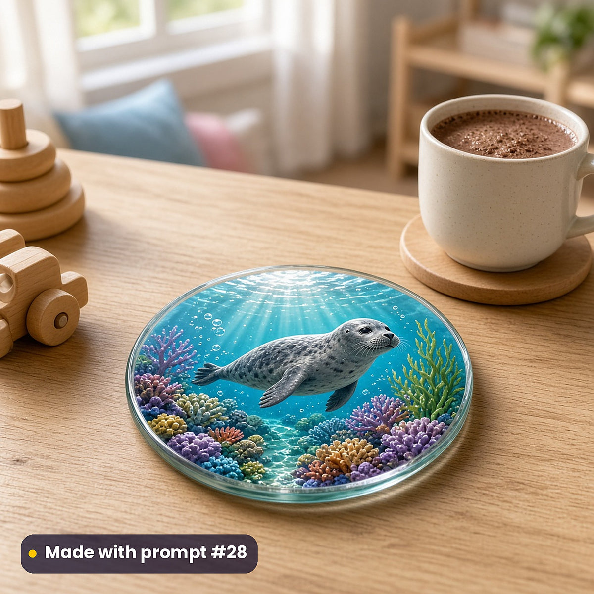 Seal Moon Harbours kids' fantasy artwork UV-printed on a glass coaster, made with prompt #28