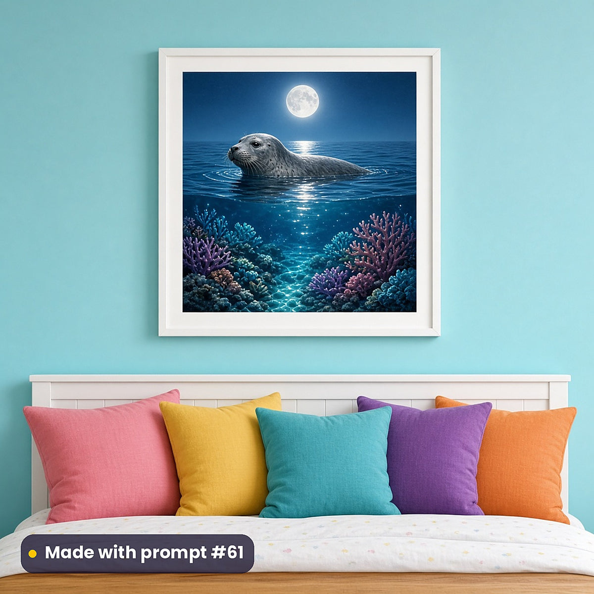 Seal Moon Harbours kids' fantasy artwork UV-printed on a framed print, made with prompt #61