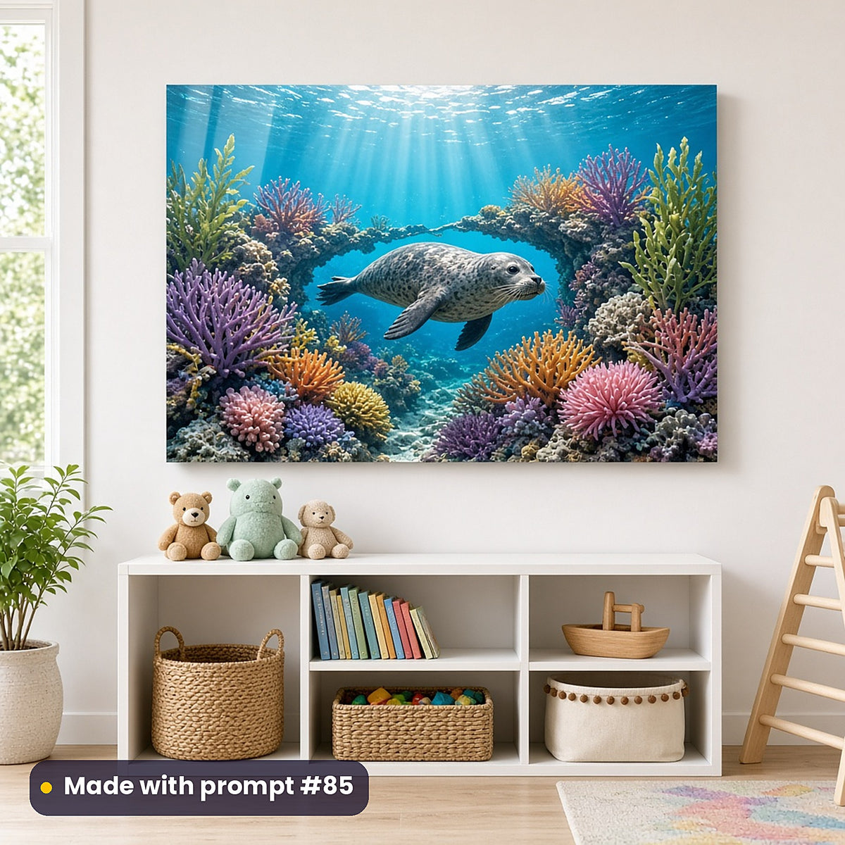 Seal Moon Harbours kids' fantasy artwork UV-printed on an acrylic wall panel, made with prompt #85