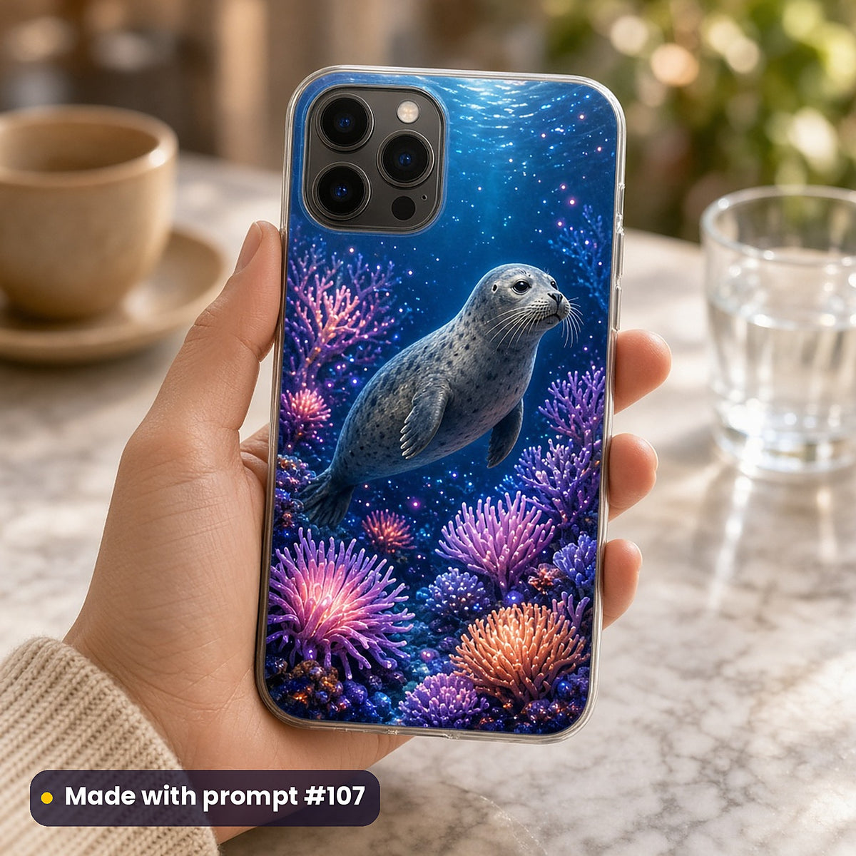 Seal Moon Harbours kids' fantasy artwork UV-printed on a phone case, made with prompt #107