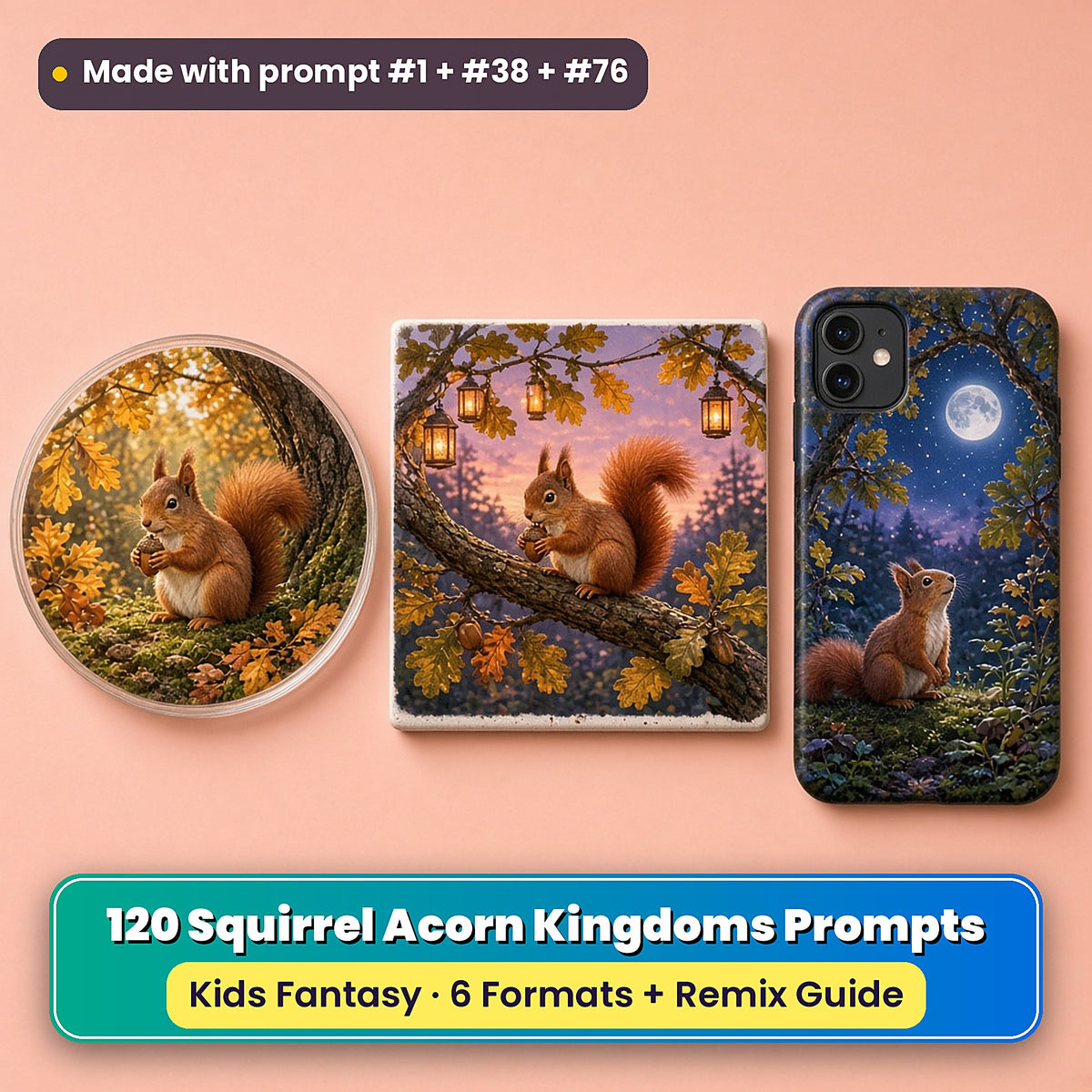 Squirrel Acorn Kingdoms kids' fantasy prompt pack title card with UV-printed coaster, tile and phone case, made with prompt #1 + #38 + #76