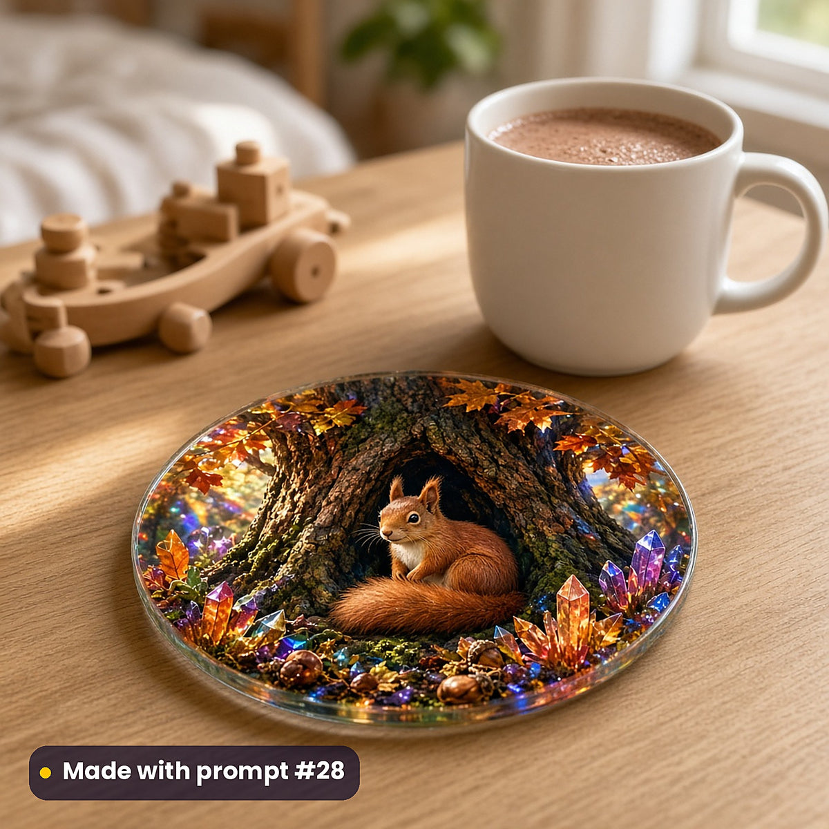 Squirrel Acorn Kingdoms kids' fantasy artwork UV-printed on a glass coaster, made with prompt #28