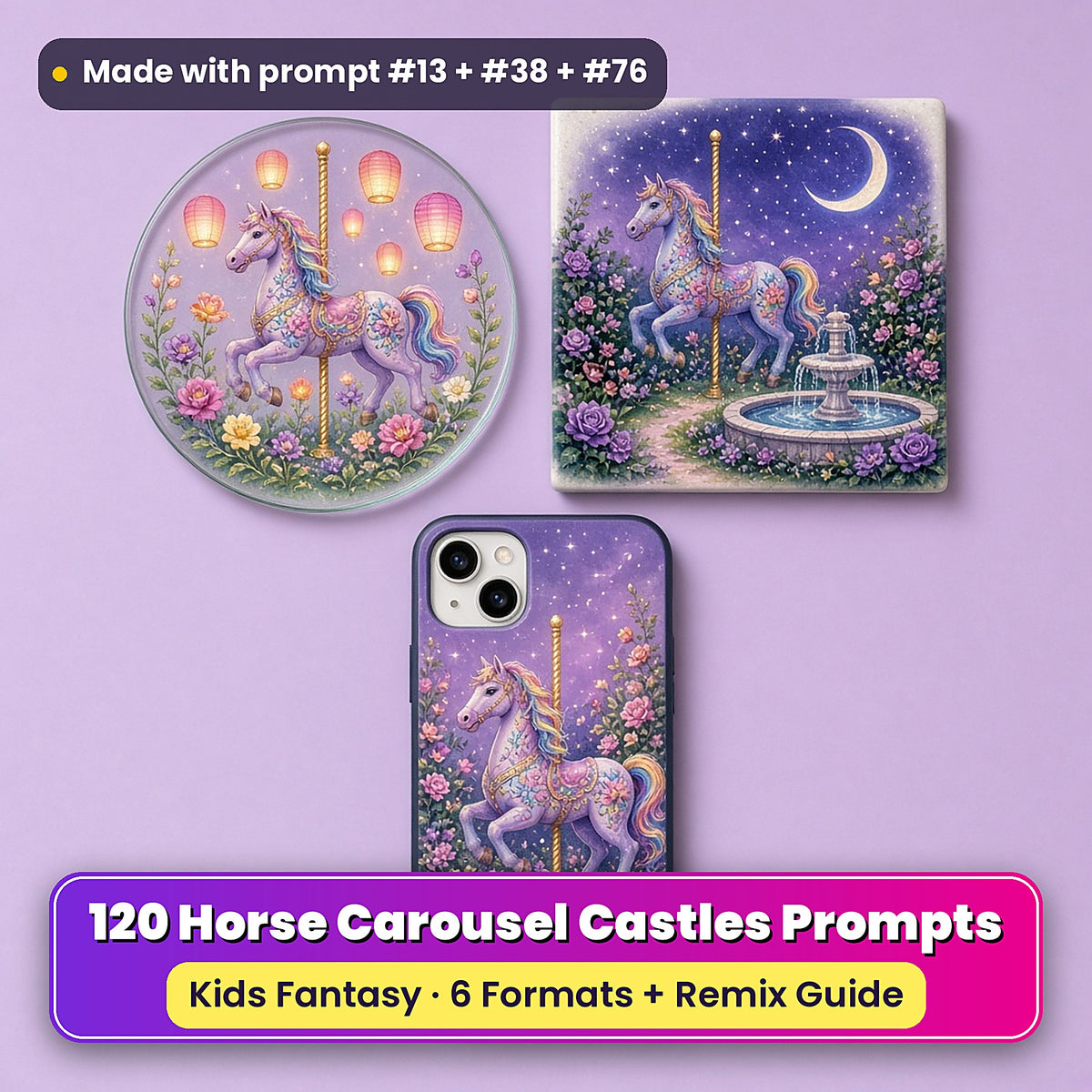 Horse Carousel Castles kids' fantasy prompt pack title card with UV-printed coaster, tile and phone case, made with prompt #13 + #38 + #76