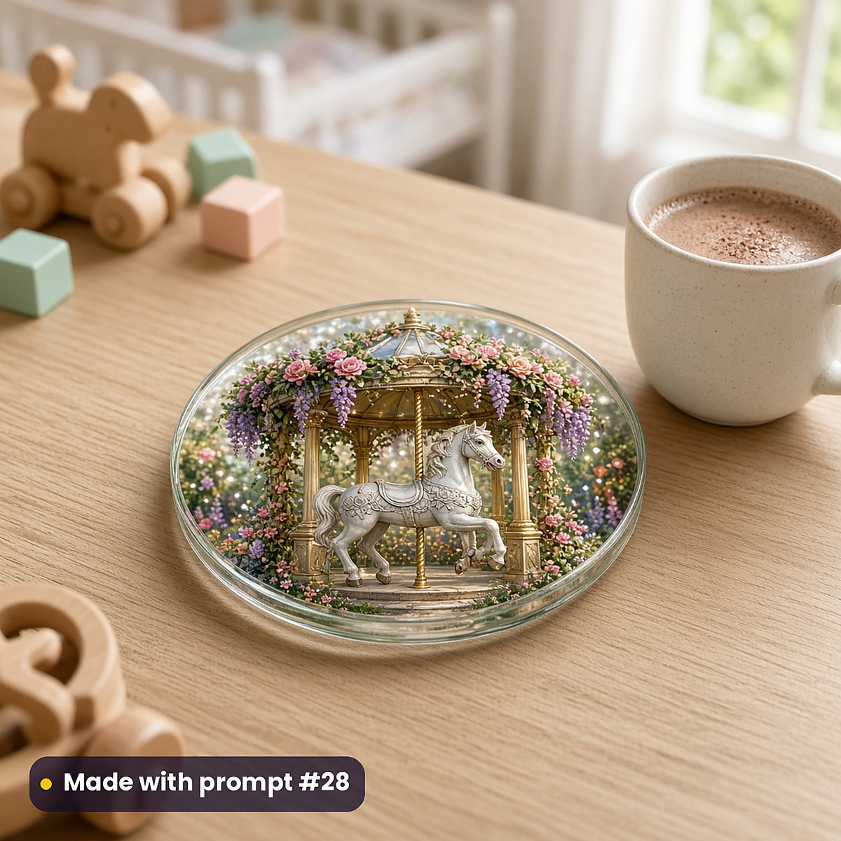 Horse Carousel Castles kids' fantasy artwork UV-printed on a glass coaster, made with prompt #28