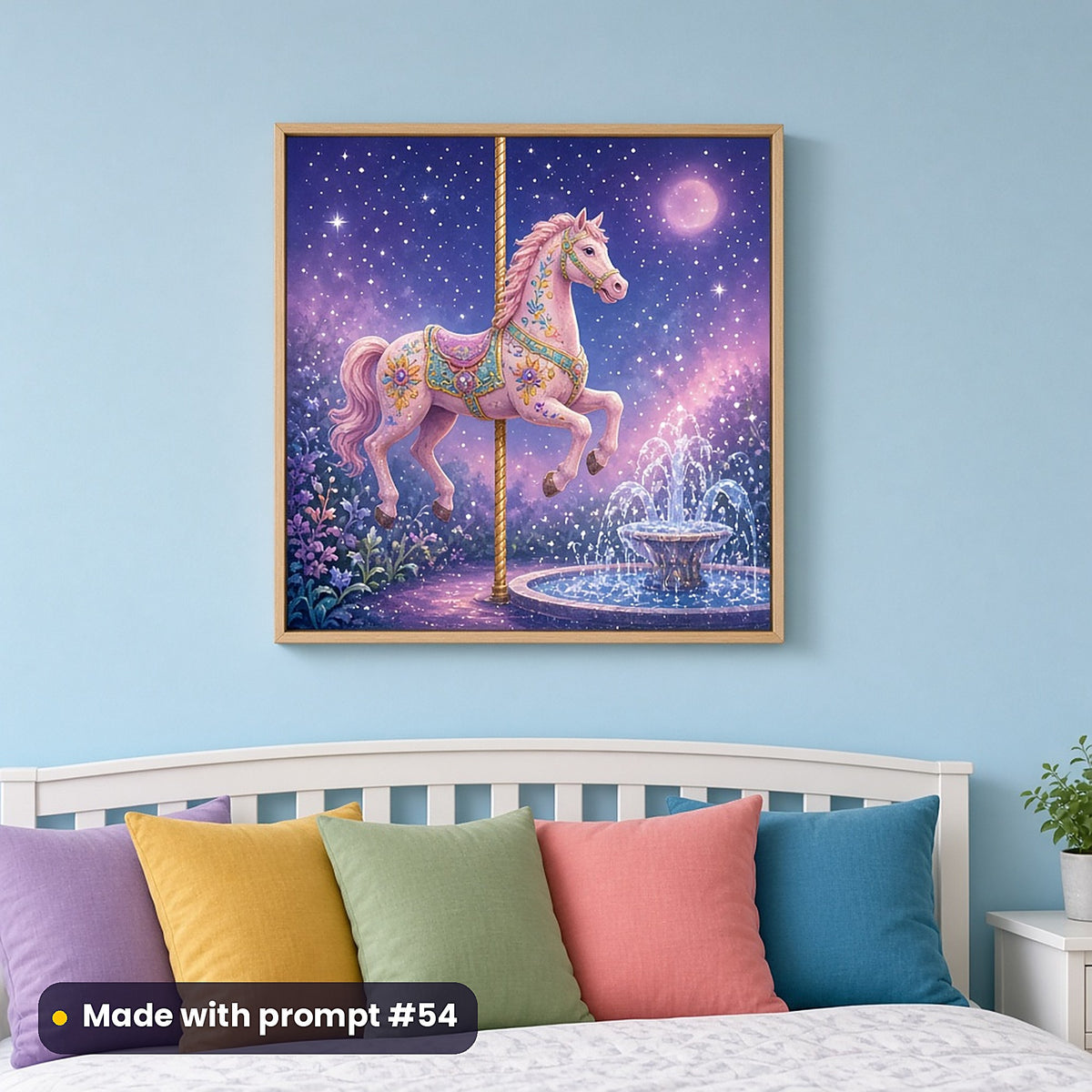 Horse Carousel Castles kids' fantasy artwork UV-printed on a framed print, made with prompt #54