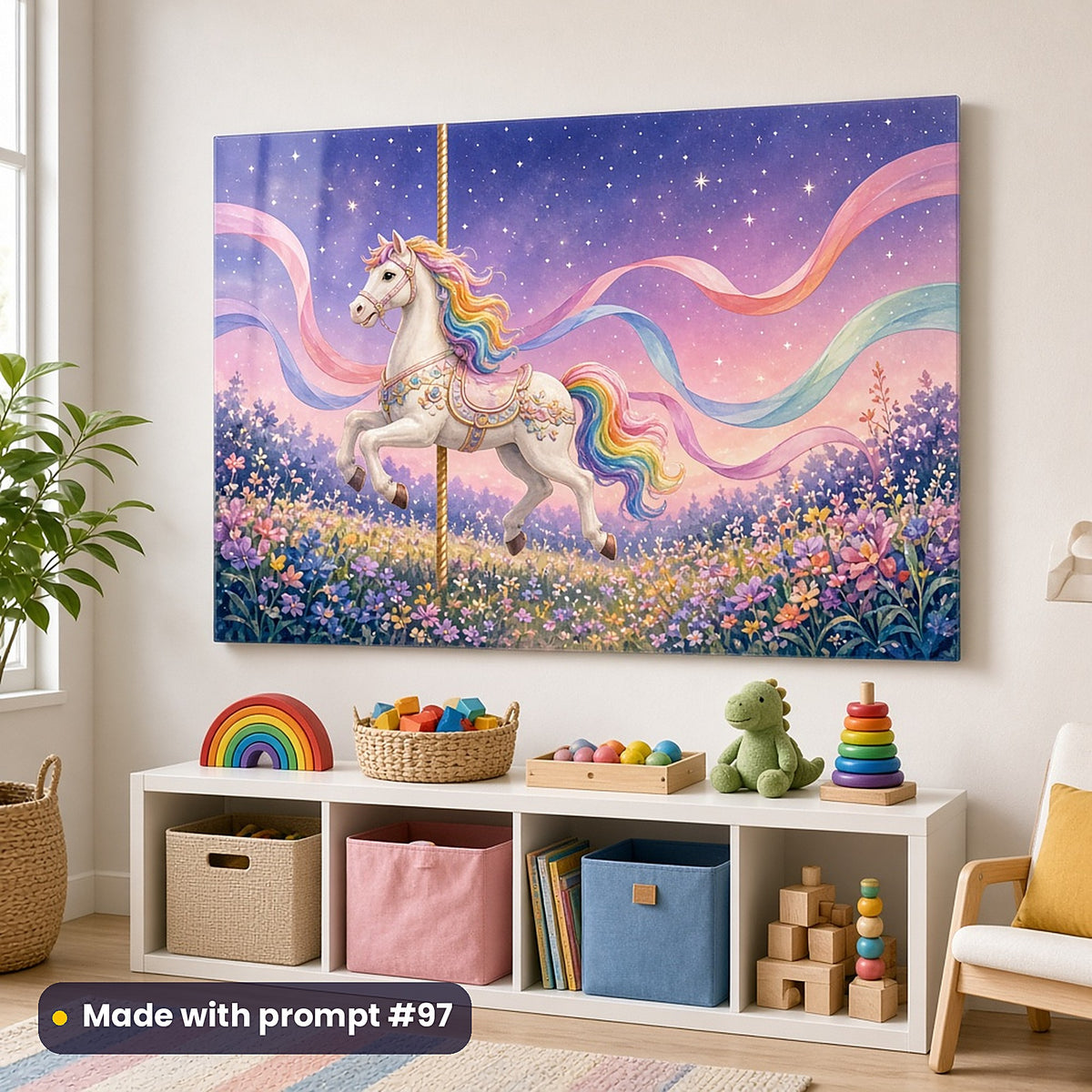 Horse Carousel Castles kids' fantasy artwork UV-printed on an acrylic wall panel, made with prompt #97