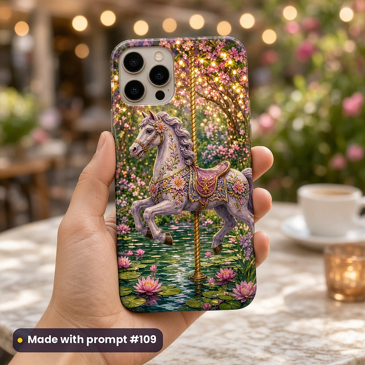 Horse Carousel Castles kids' fantasy artwork UV-printed on a phone case, made with prompt #109