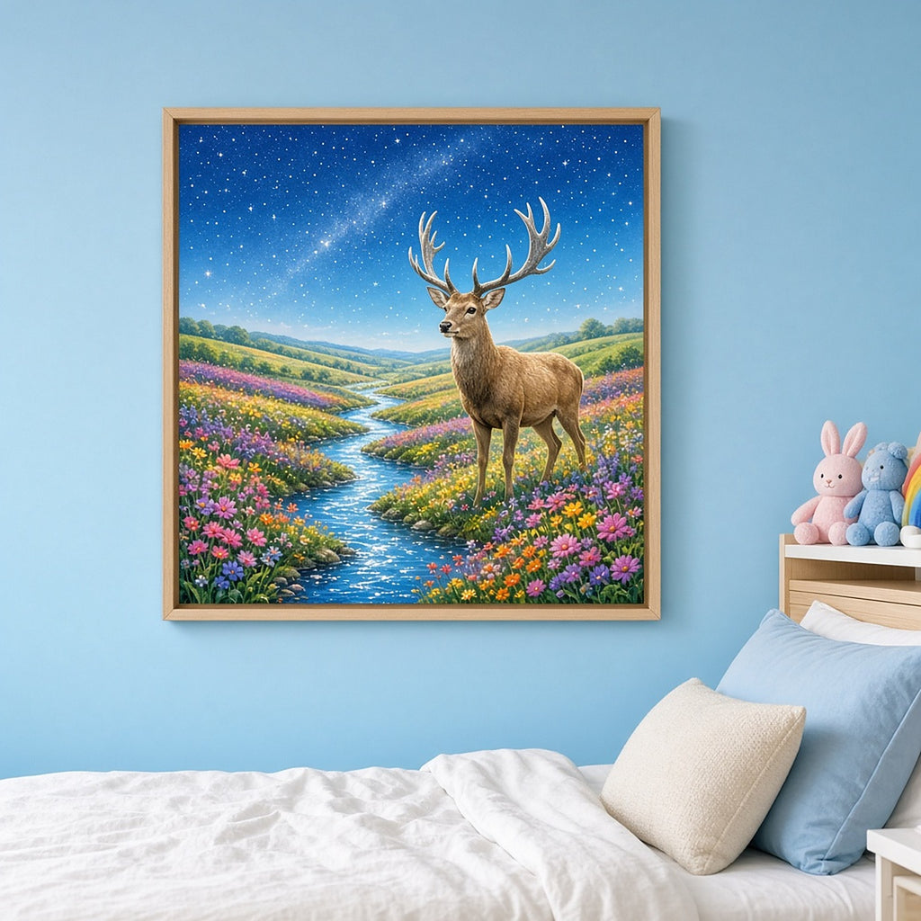Red deer stag with silvery antlers in a rainbow wildflower valley beside a winding river under a starry sky printed flat on a framed print in a child's bedroom, made with prompt #14