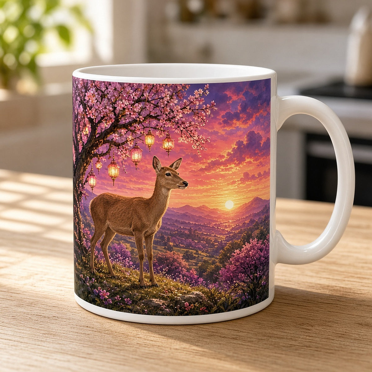 Red deer doe under a pink blossom tree hung with glowing lanterns, looking over a valley at sunset printed flat on a white mug, made with prompt #55