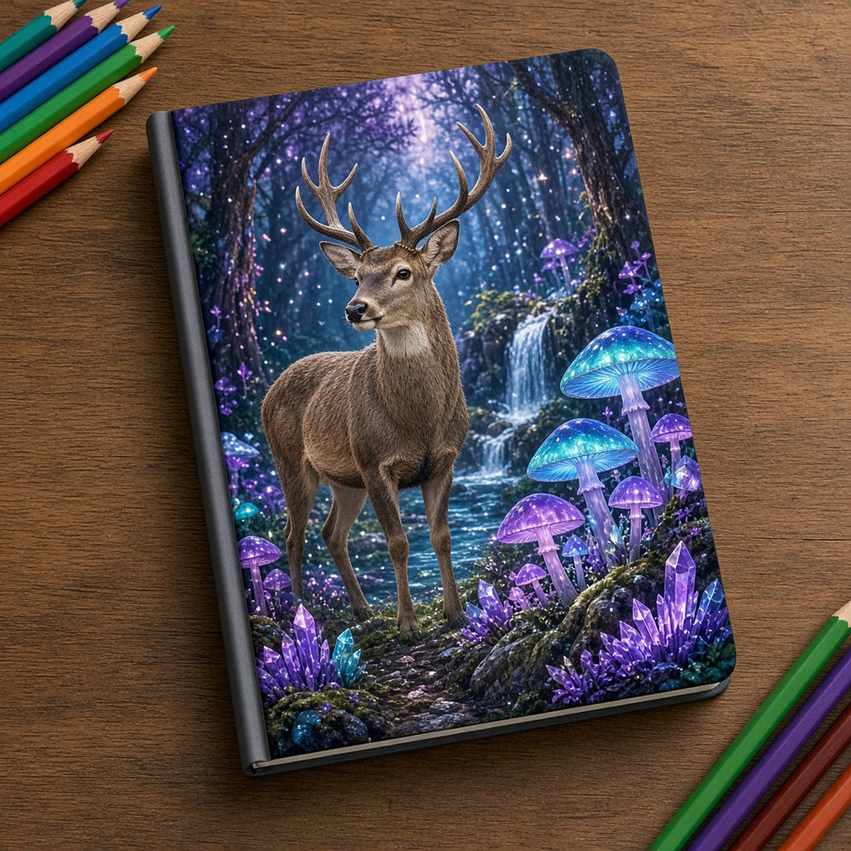 Red deer stag beside glowing turquoise and violet mushrooms, purple crystals and a waterfall in a moonlit glade printed flat on a notebook, made with prompt #100