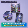 Moon Deer Castle Valleys kids' fantasy prompt pack title card with UV-printed coaster, tile and phone case, made with prompt #13 + #38 + #76