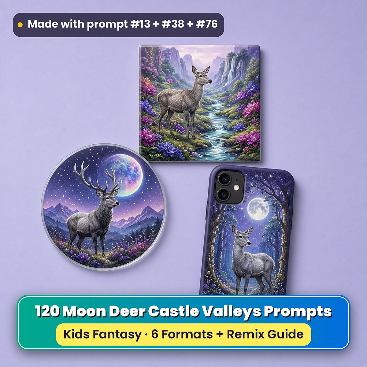 Moon Deer Castle Valleys kids' fantasy prompt pack title card with UV-printed coaster, tile and phone case, made with prompt #13 + #38 + #76