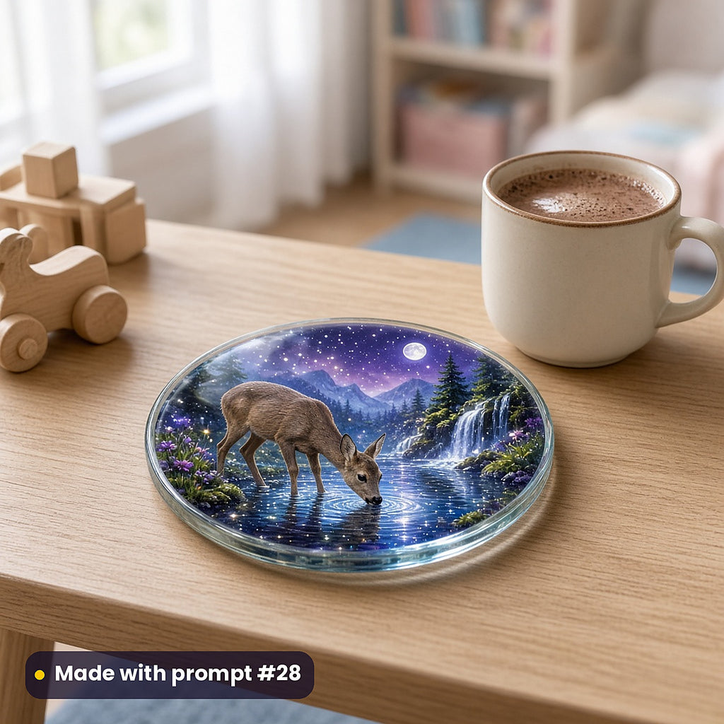 Moon Deer Castle Valleys kids' fantasy artwork UV-printed on a glass coaster, made with prompt #28