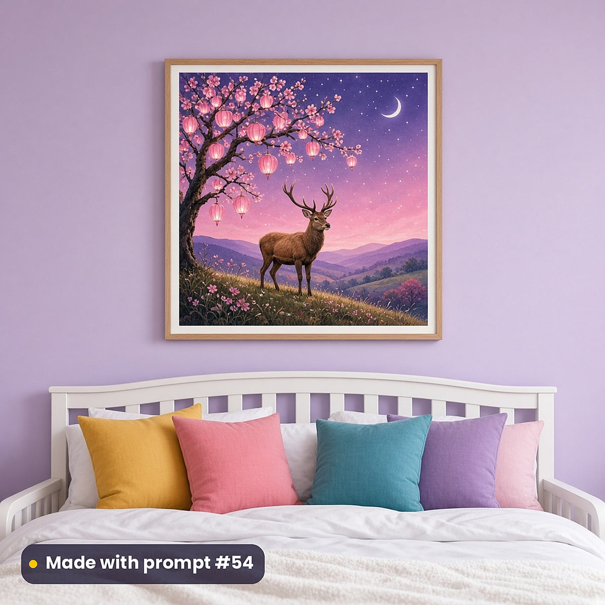 Moon Deer Castle Valleys kids' fantasy artwork UV-printed on a framed print, made with prompt #54