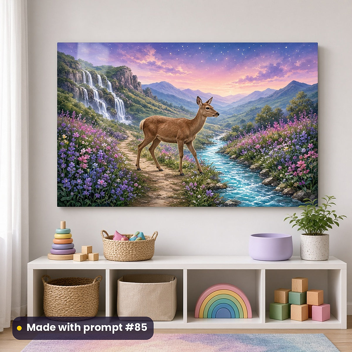 Moon Deer Castle Valleys kids' fantasy artwork UV-printed on an acrylic wall panel, made with prompt #85